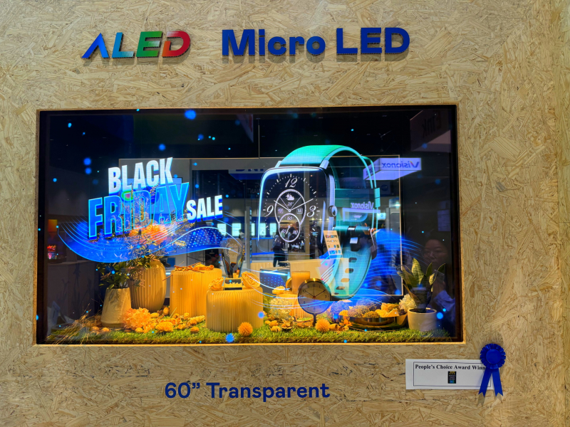 88BIFA60吋高透明度Micro LED顯示器獲「最佳Micro LED技術應用獎」，將Micro LED面板透明化之設計特性極致發揮，以可擴展性無縫拼接技術打造，具備600 nits全畫面亮度、大於60%穿透率及超過NTSC 110%的優異廣色域表現，可依需求靈活應用於各種場域